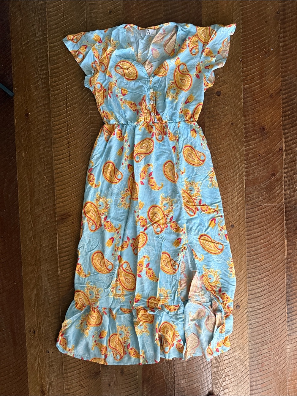 Light Blue Paisley Midi Dress with Yellow-Orange Accents